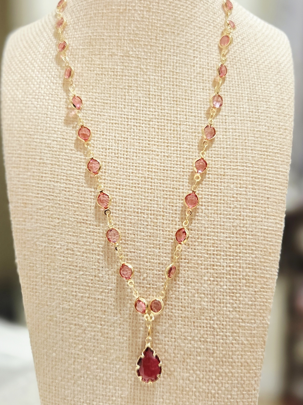 Gold-filled Pink Australian Crystal Station Necklace with Pink Teardrop Pendant